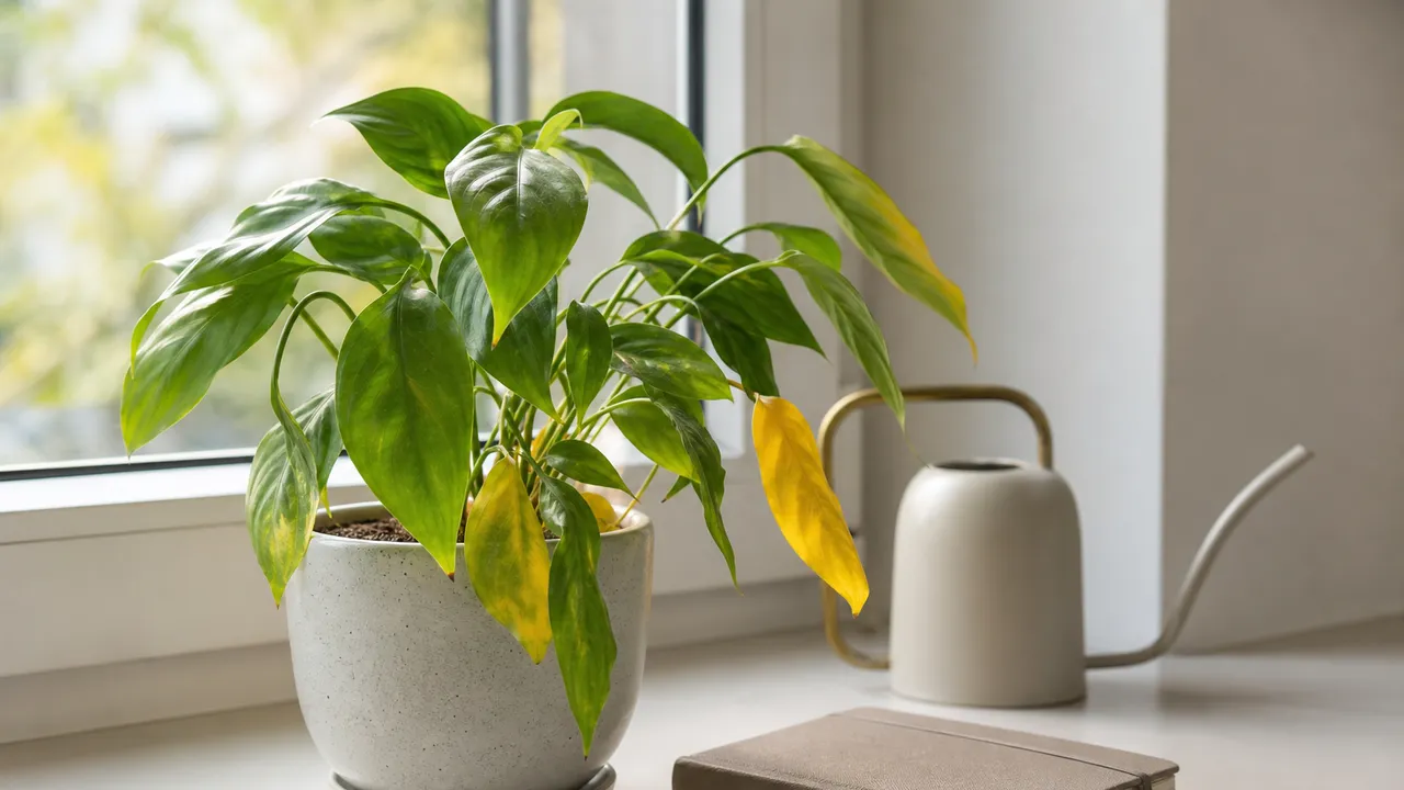 Feuilles vertes et jaunies d'une plante d'intérieur en pot, lumière naturelle douce
