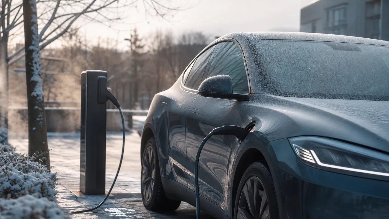 Voiture électrique en charge sur une borne, sous la neige, phares allumés au crépuscule