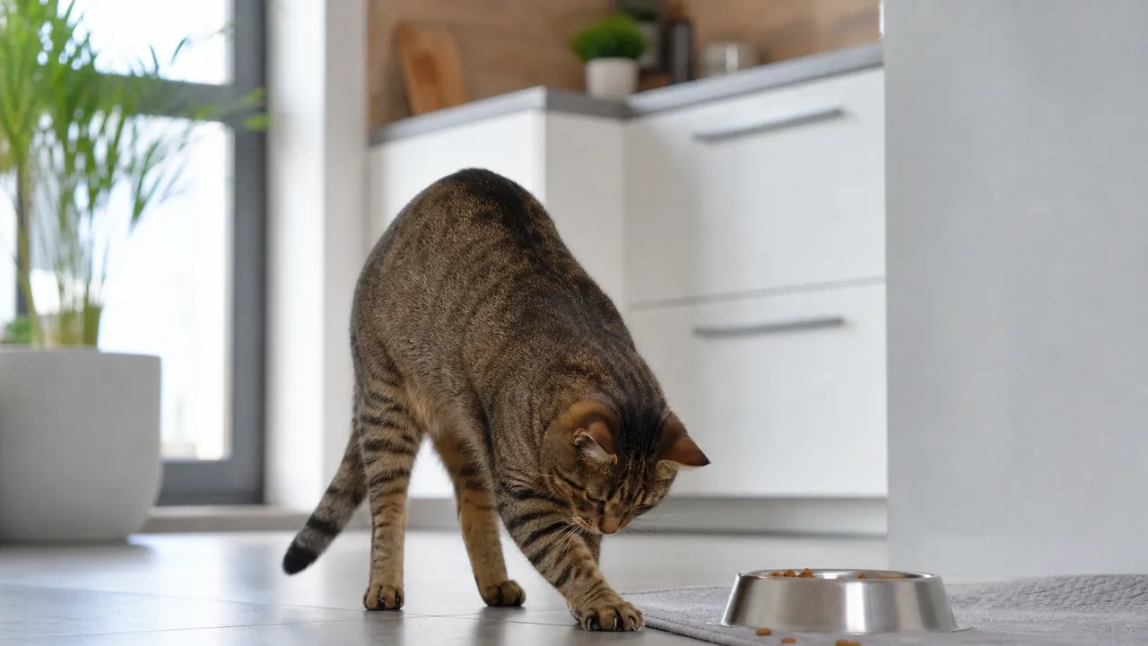 Chat assis devant sa gamelle, pattes avant posées près du sol de la cuisine