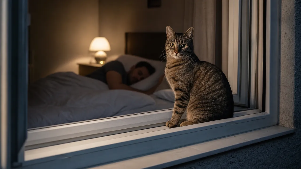 Chat assis dans l'obscurité, les yeux grands ouverts, en train de miauler