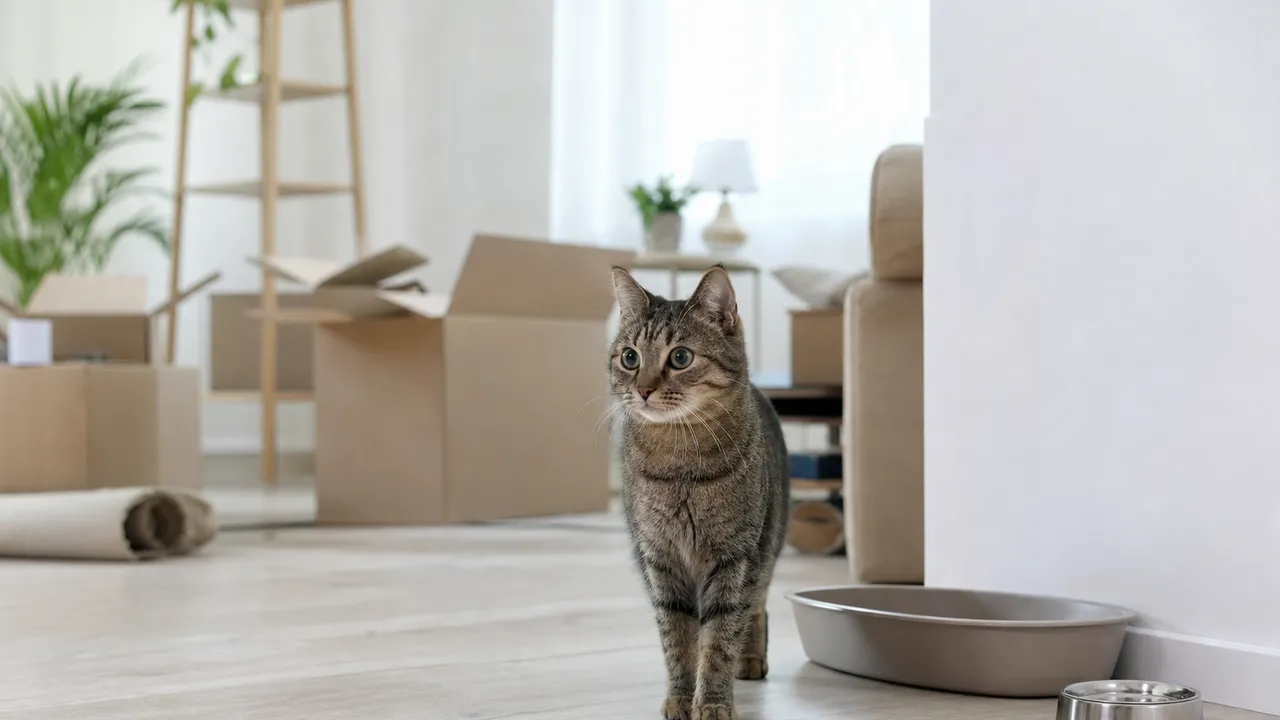 Chat gris assis près de sa litière dans un salon de nouveau logement encore en cartons