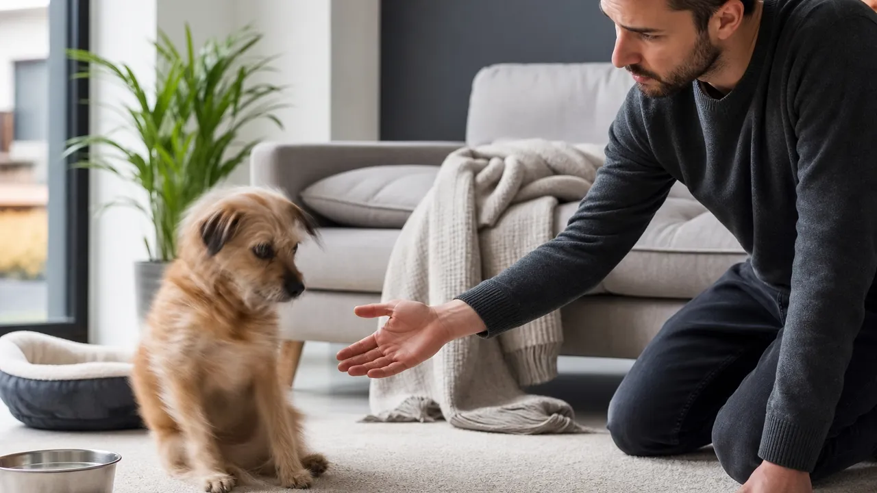 Petit chien tremblant, debout sur un parquet, dans un salon calme