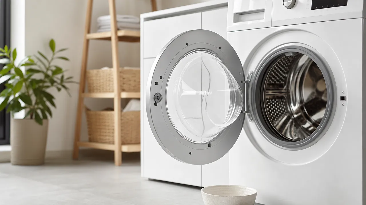 Tambour et joint de hublot d'un lave-linge ouvert dans une buanderie lumineuse