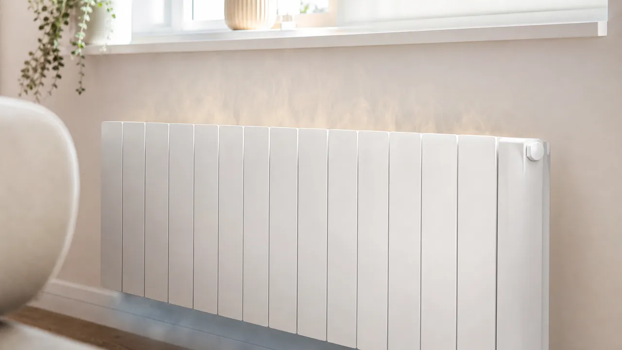 Main posée sur la partie basse d'un radiateur en fonte dans un salon