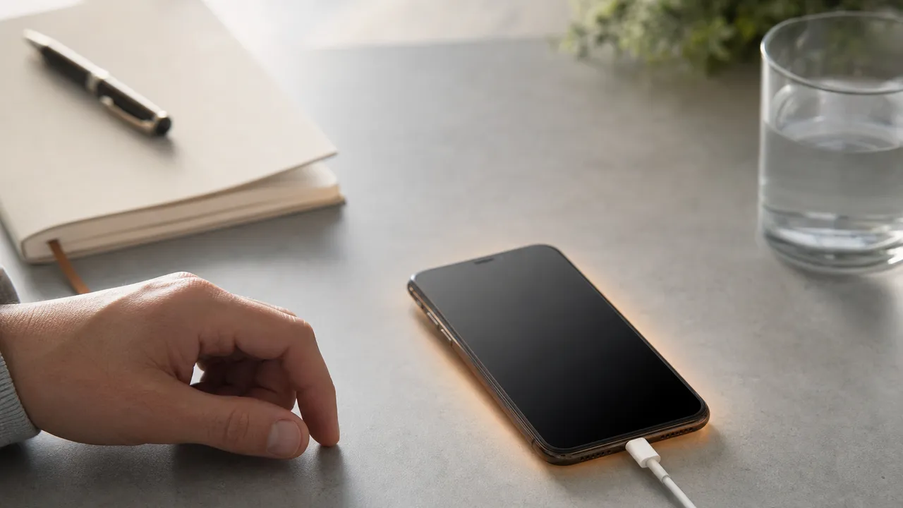 Smartphone posé sur une table en train de charger avec un câble branché