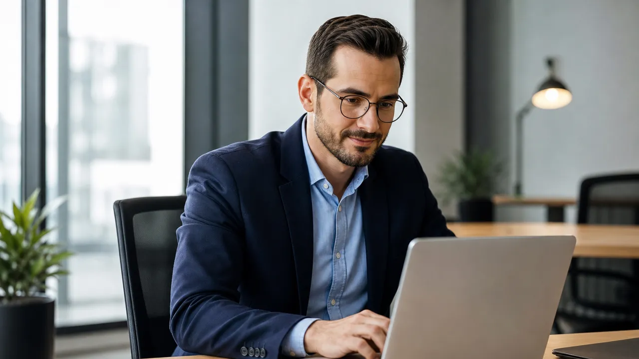 Mains tapant une réponse professionnelle sur un clavier d'ordinateur portable, dans un bureau lumineux