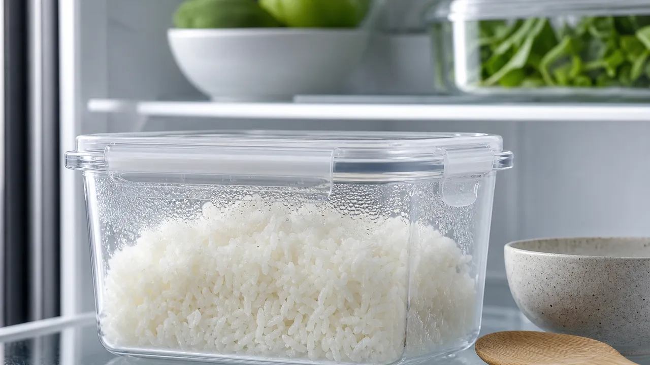 Bol de riz blanc cuit posé sur une table de cuisine, prêt à être conservé au réfrigérateur