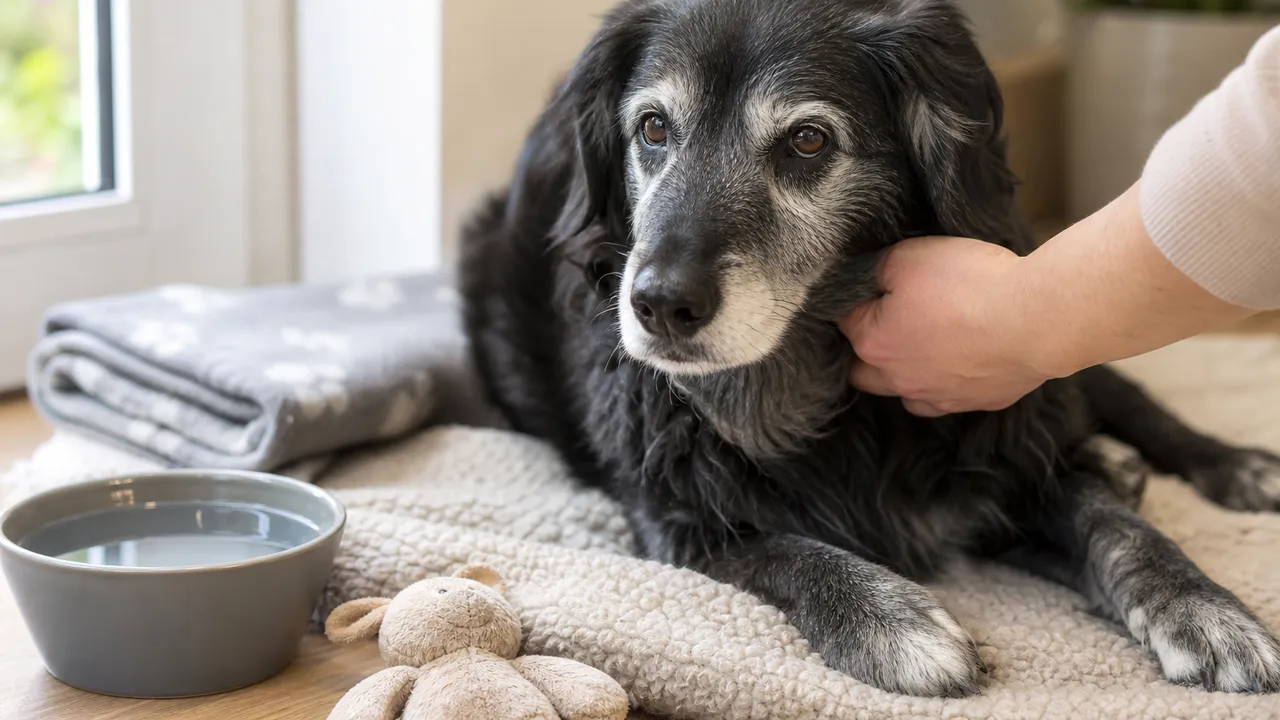 Chien âgé au poil grisonnant allongé confortablement sur un tapis