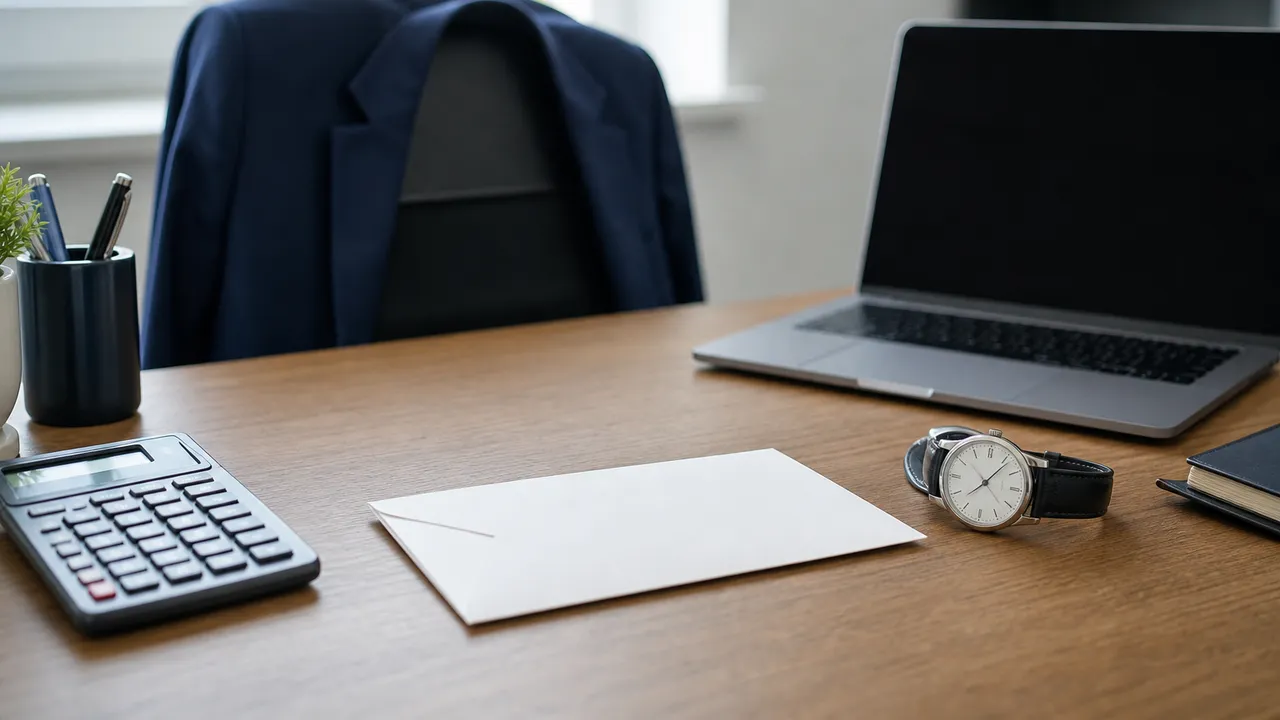 Enveloppe de paie et documents administratifs posés sur un bureau, symbole du solde de tout compte
