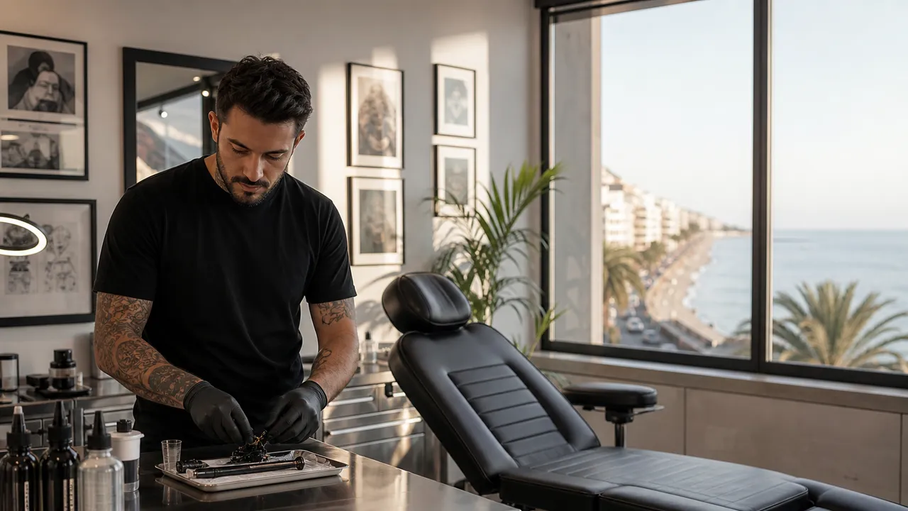 Tatoueur en gants noirs préparant son matériel stérile dans un studio lumineux ouvert sur le bord de mer niçois