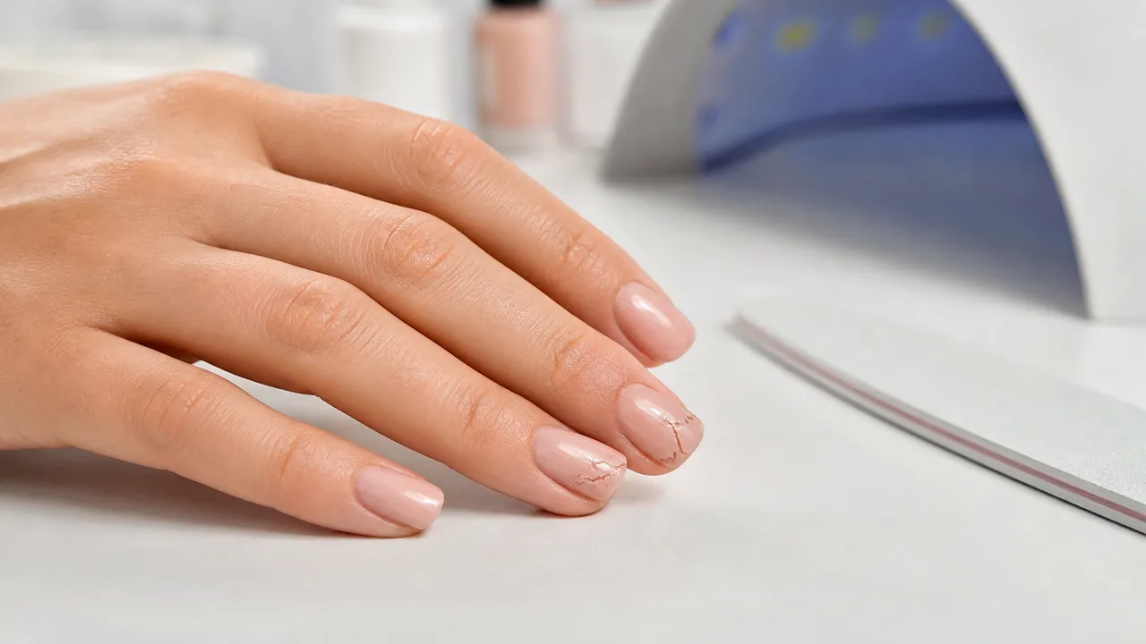 Mains avec un vernis semi-permanent coloré posées sur une table de manucure