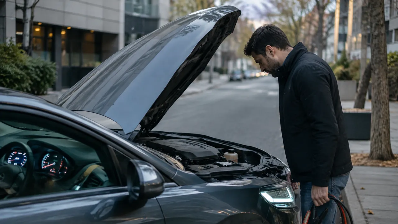 Homme penché sous le capot ouvert de sa voiture garée en ville, câbles de démarrage à la main, tableau de bord allumé