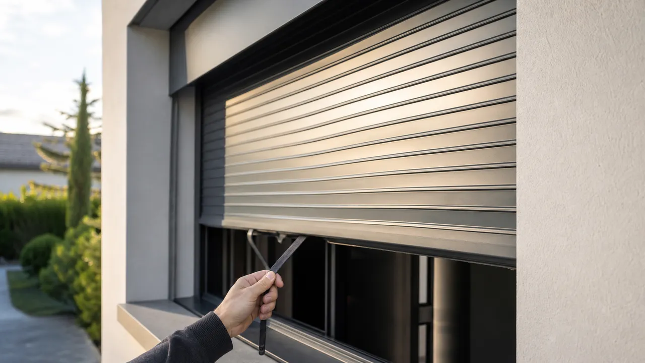 Volet roulant électrique à mi-course sur une fenêtre de maison